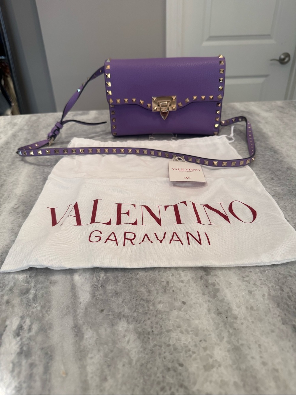 Valentino Garavani Lavender Rockstud Leather Crossbody with Gold Hardware